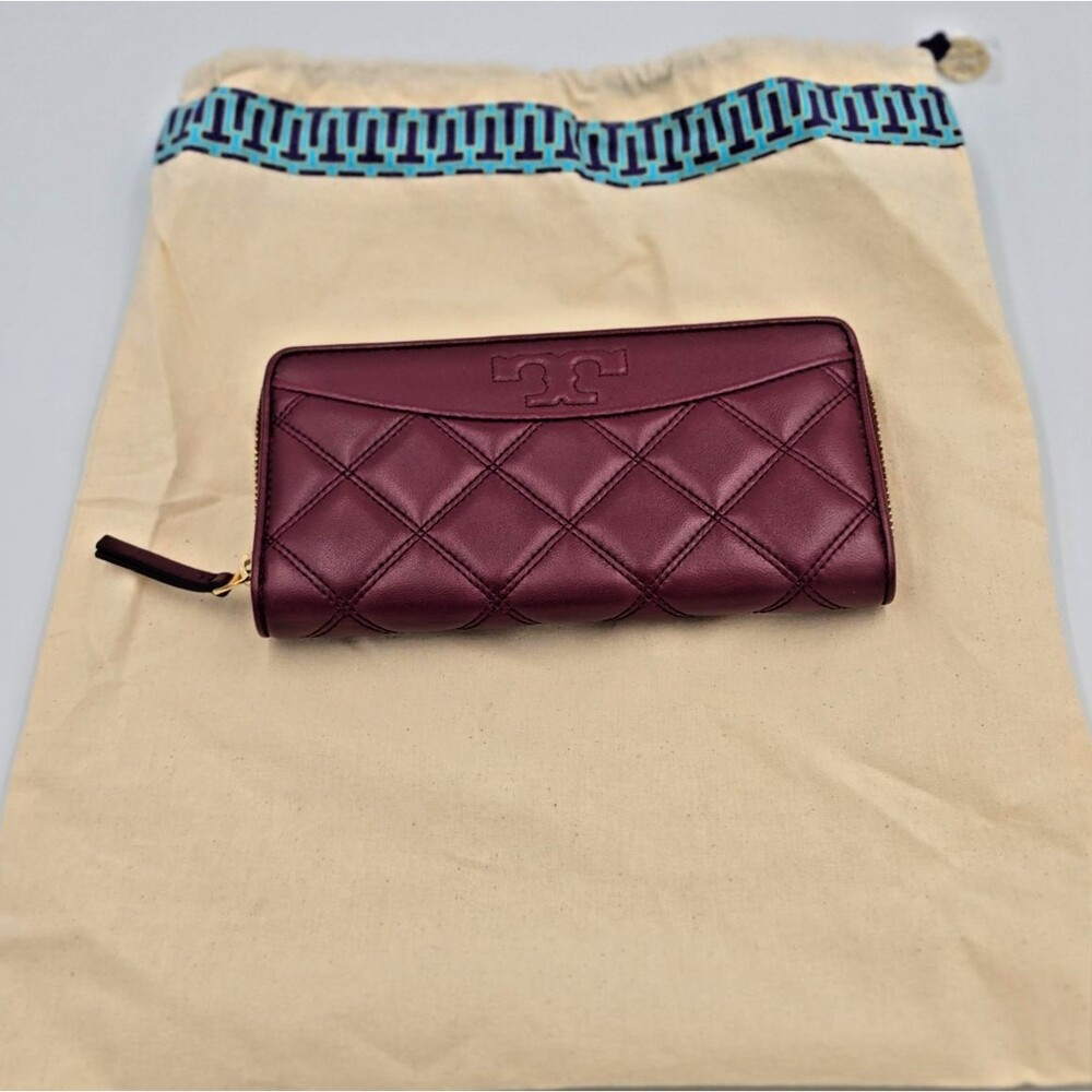 Tory Burch Fleming Zip Continental Wallet Burgundy Quilted Leather Dust Bag